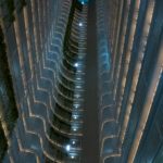 View of a modern apartment building interior showcasing illuminated architectural features and balconies, emphasizing the design aesthetics of Oratso Corporation’s apartments.