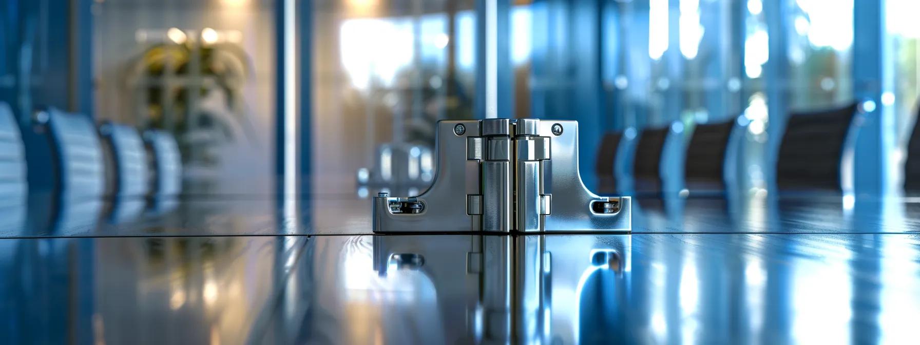 Close-up of a high-quality commercial door hinge on a polished conference table, reflecting modern office design with blurred background elements, emphasizing durability and functionality in Miami's commercial door systems.