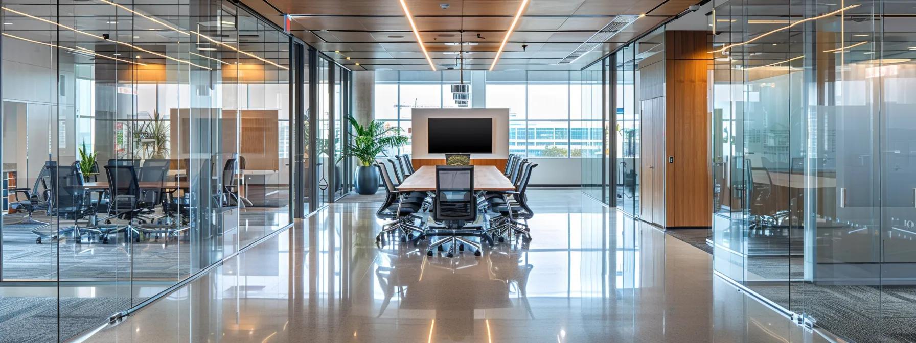 Modern conference room with glass walls, sleek furniture, and a large central table, emphasizing professional design and functionality for commercial spaces in Miami.
