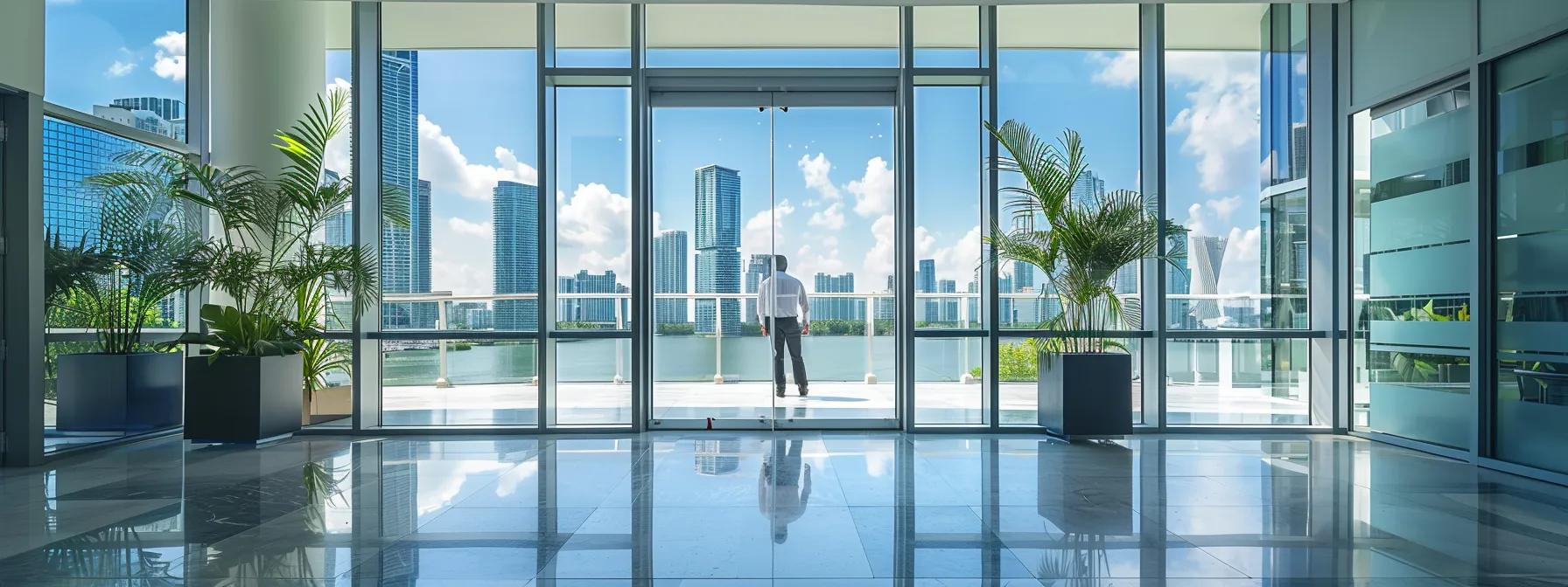 Professional installer overlooking Miami skyline through glass doors, emphasizing commercial metal door installation and security features.