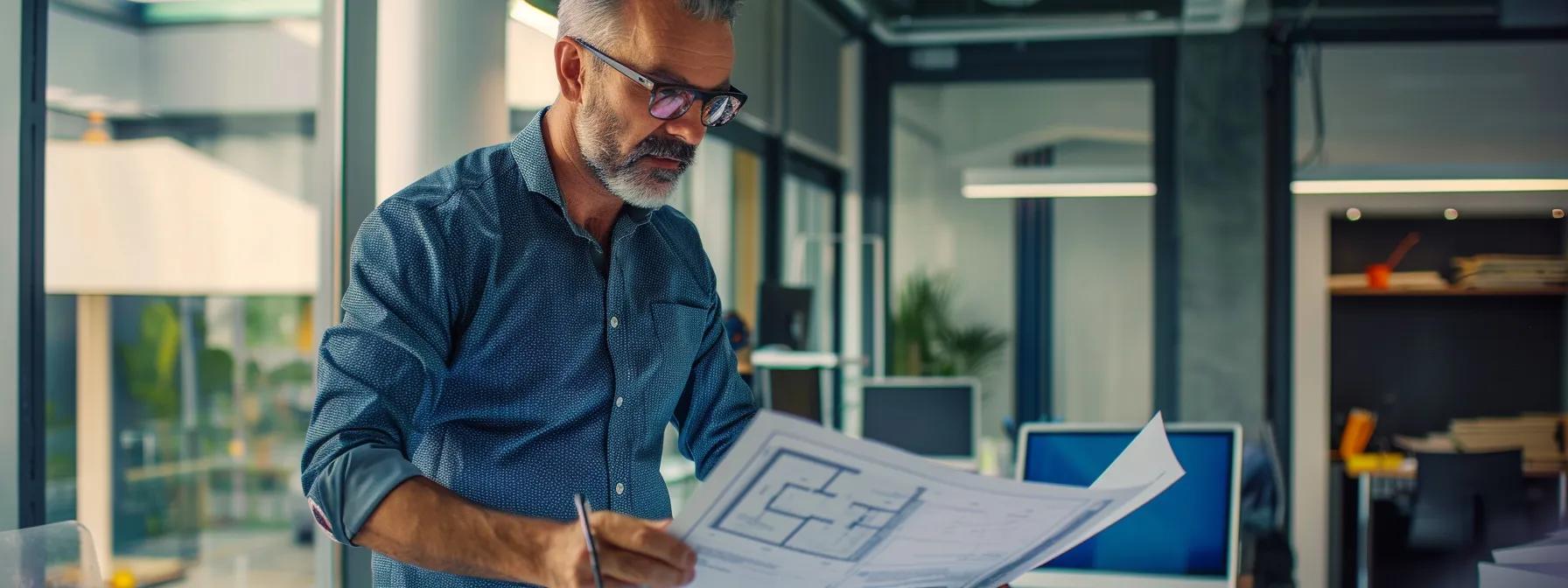 Experienced technician reviewing architectural plans in a modern office setting, emphasizing commercial door installation and design.