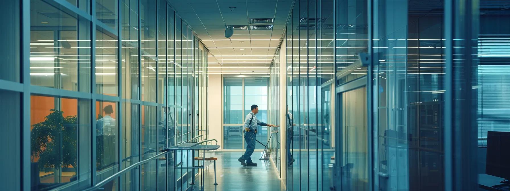 Professional in a sleek Miami office, interacting with glass door systems, showcasing modern design and durability, relevant to commercial door installation standards and services.