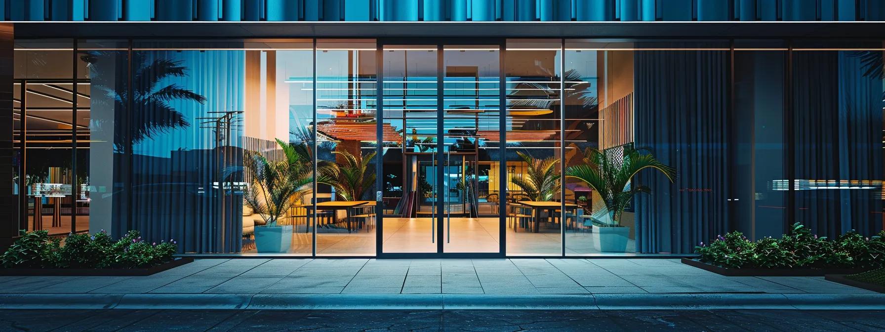 Sleek modern storefront with impact-resistant glass doors, showcasing interior design elements and tropical plants, ideal for Miami's commercial spaces.