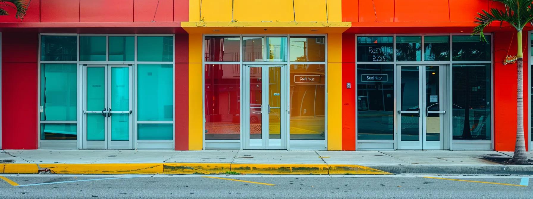 Vibrant storefronts in Miami featuring modern glass doors and colorful facades, emphasizing aesthetics and durability for commercial spaces.
