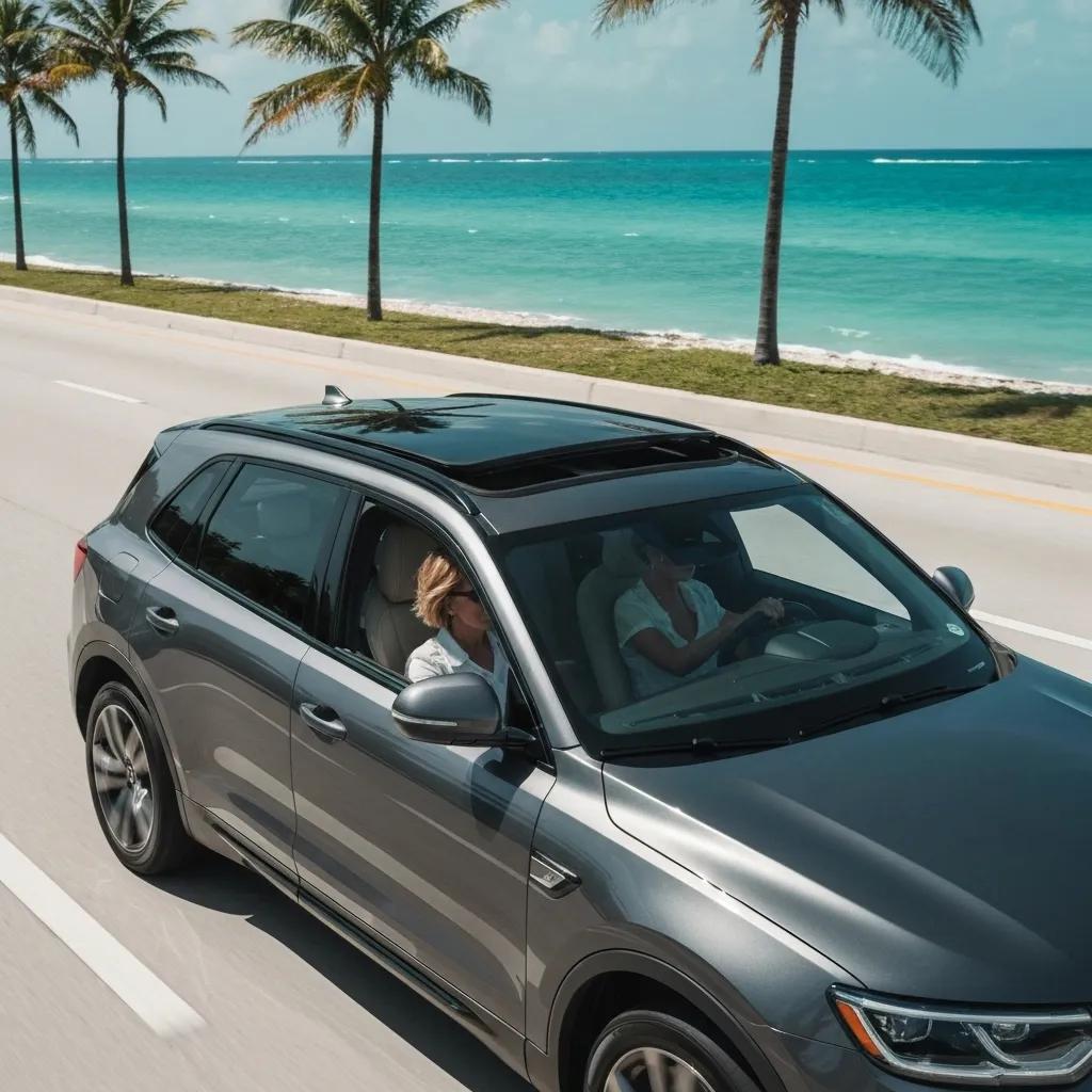 Gray SUV driving along a coastal road with palm trees and ocean in the background, showcasing a relaxed driving experience in a sunny environment.