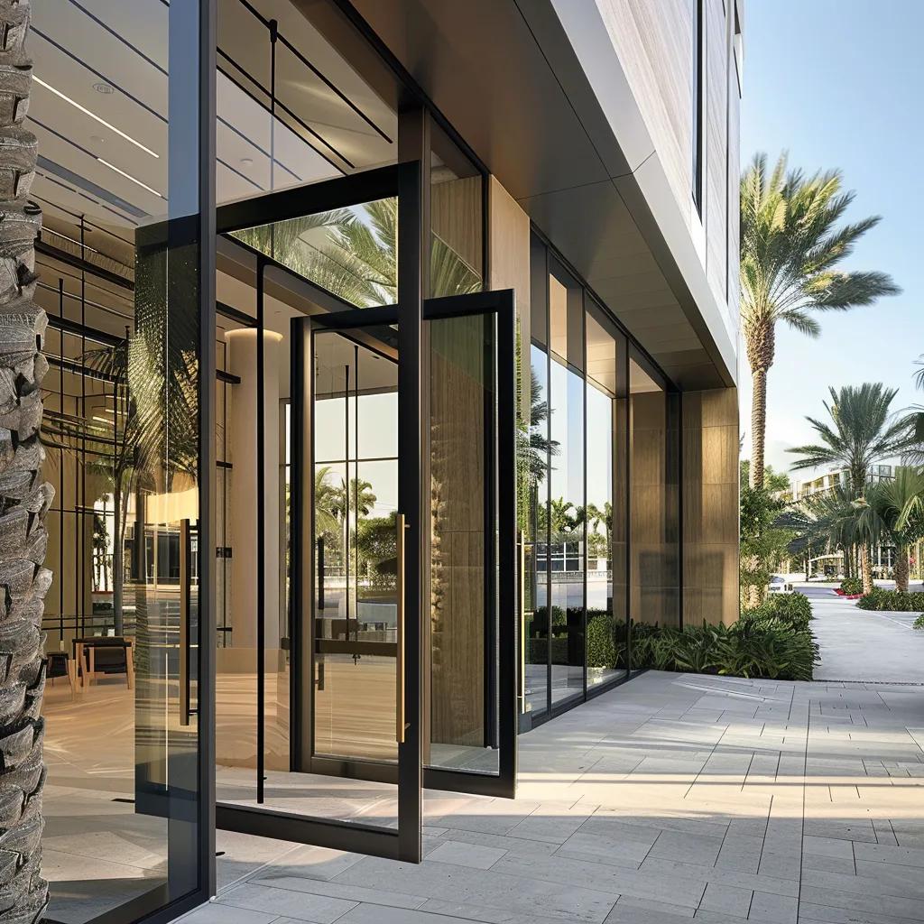 Custom storefront door with glass panels and black frame, enhancing security and aesthetics in a Miami commercial setting, surrounded by palm trees and modern architecture.