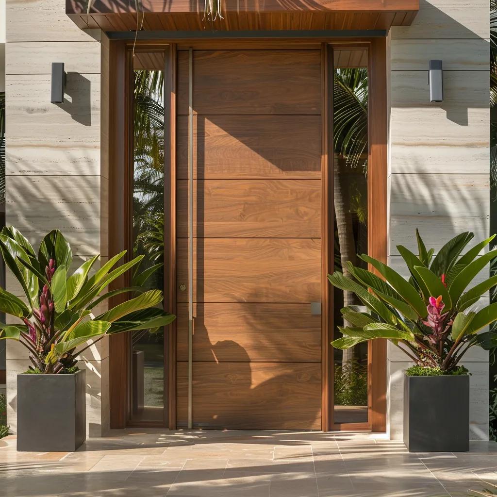 Solid mahogany pivot door with sidelights, framed by tropical plants, showcasing modern architectural design suitable for upscale Miami residences.