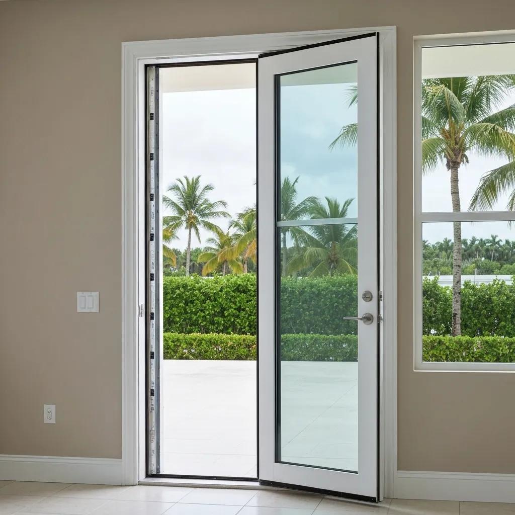 Hurricane-rated impact door with laminated glass and reinforced frame, showcasing secure entry and exterior views of palm trees and landscaping, relevant to commercial security and storm protection in Miami.