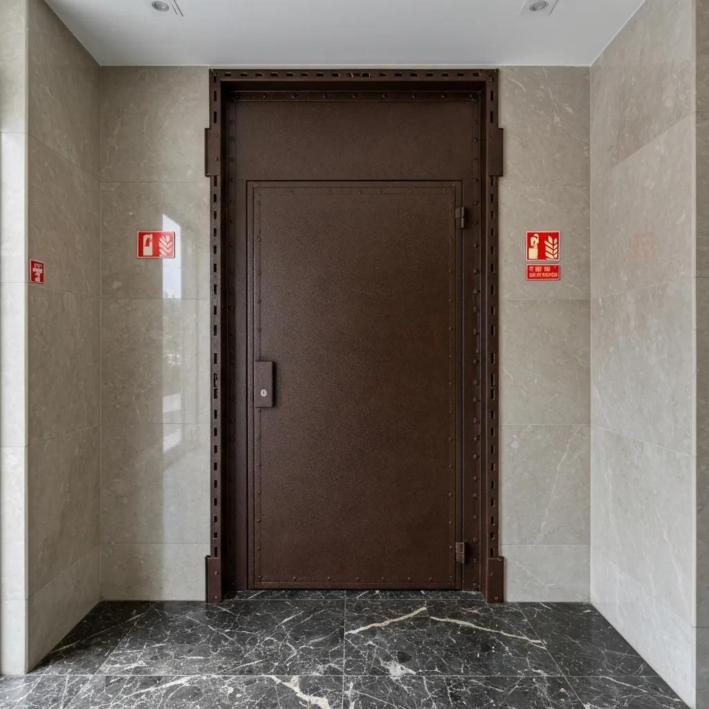 Fire-rated metal door in a modern interior, featuring a sturdy design with visible hardware, surrounded by marble walls and fire safety signage, emphasizing safety and compliance with building codes in South Florida.