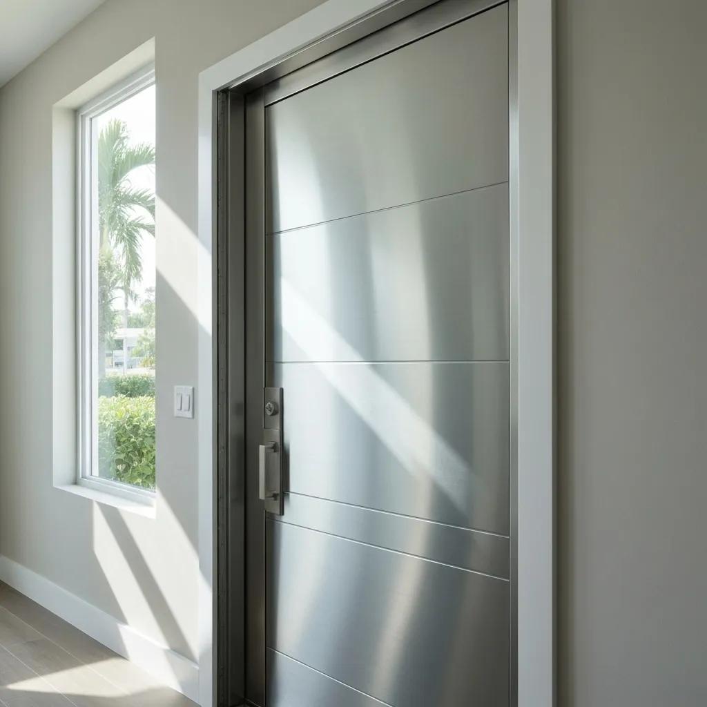 An interior perspective of an energy-efficient metal door in a Miami home, highlighting its advanced energy-saving features