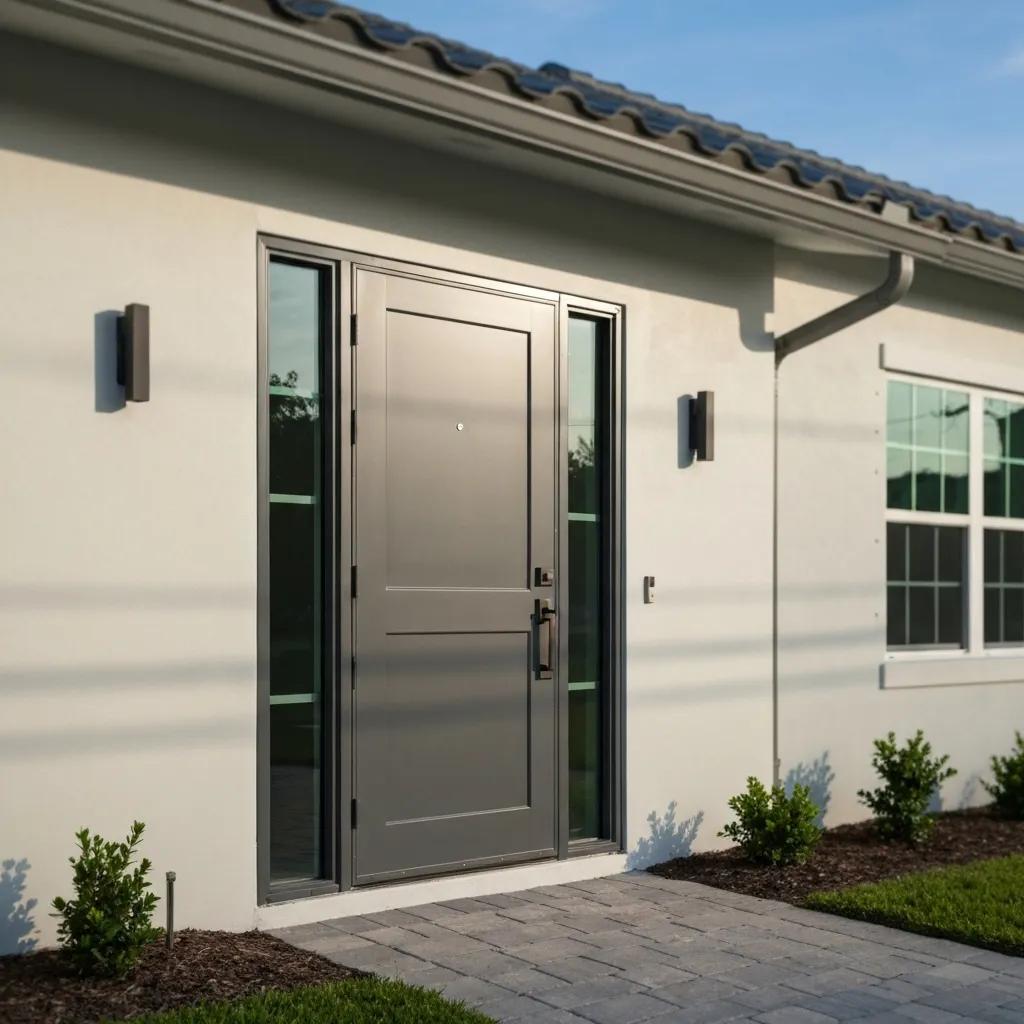 Modern metal entry door with glass sidelights, surrounded by landscaped greenery, showcasing durability and aesthetic appeal for luxury homes.