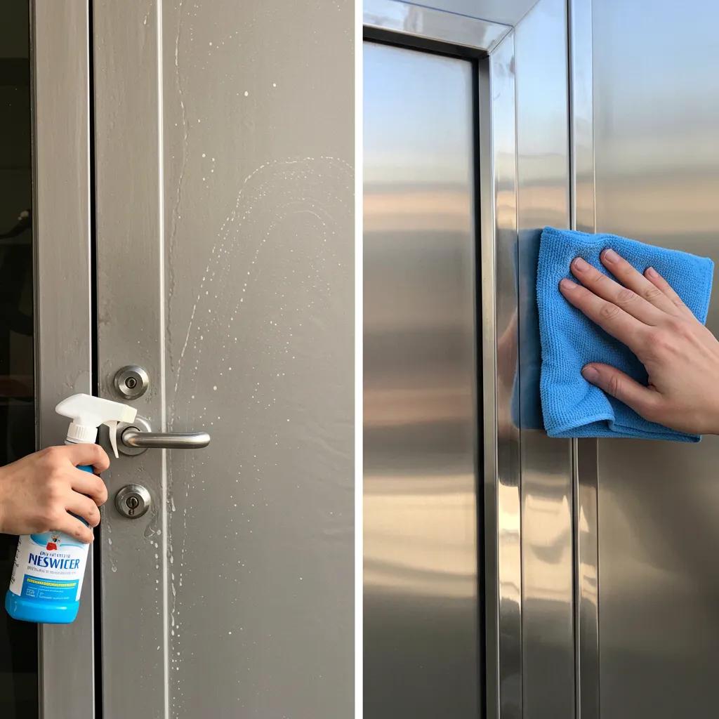 Hand holding a spray bottle cleaning a painted steel door on the left, and a hand using a microfiber cloth to wipe a polished stainless steel door on the right, showcasing proper maintenance techniques for different metal door finishes.