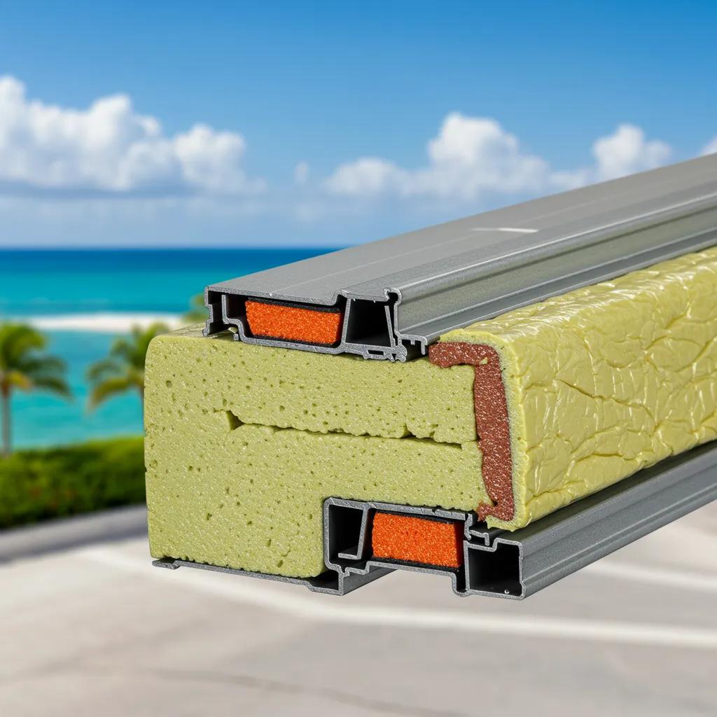 Cross-section of an insulated metal door showcasing energy-efficient polyurethane core, thermal breaks, and composite layers against a tropical beach backdrop, highlighting features relevant to Miami's climate and building codes.