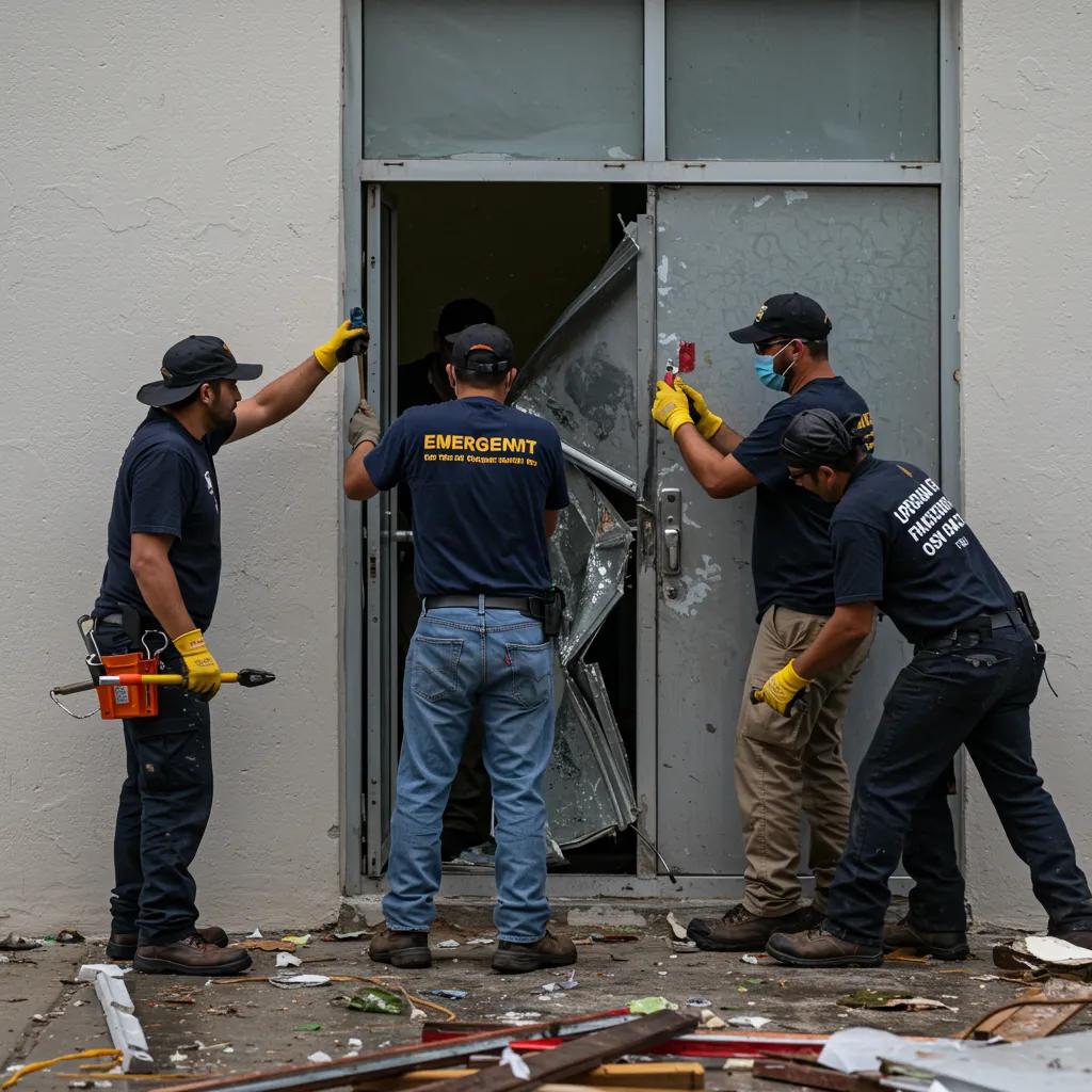An emergency repair crew actively working on a damaged metal door in Miami following severe storm activity