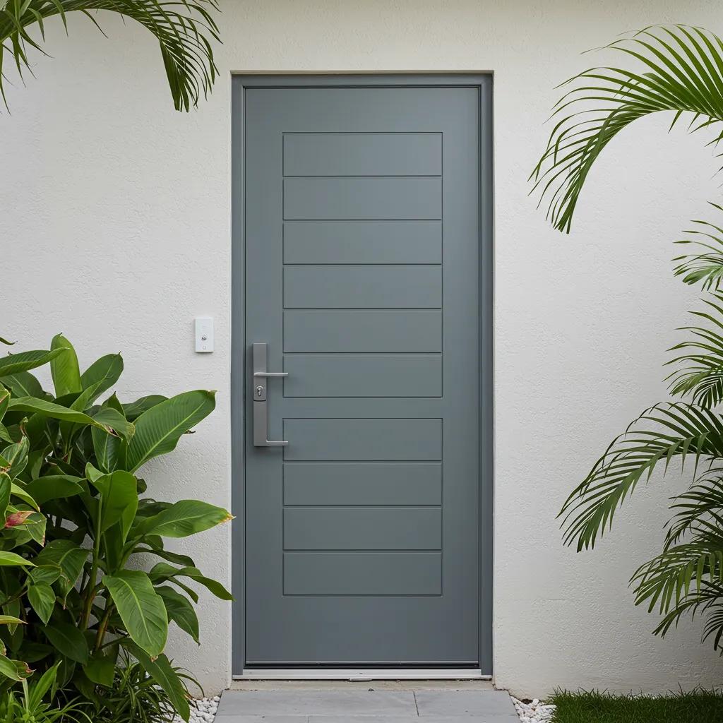 Modern insulated metal door with horizontal panel design, surrounded by tropical plants in Miami.