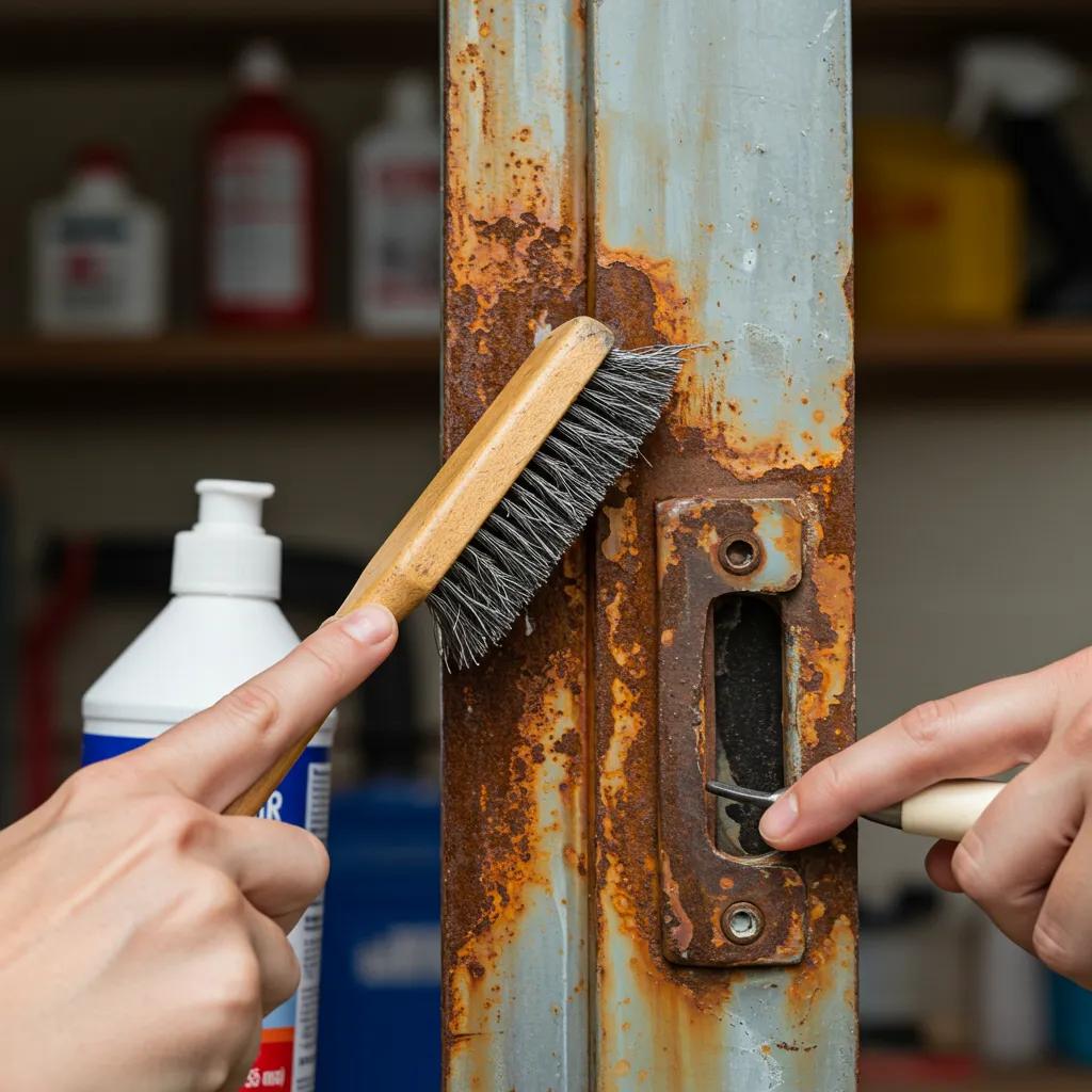 Person using a wire brush to remove rust from a metal door, with cleaning supplies visible, illustrating effective rust removal techniques for metal doors in Miami's coastal environment.