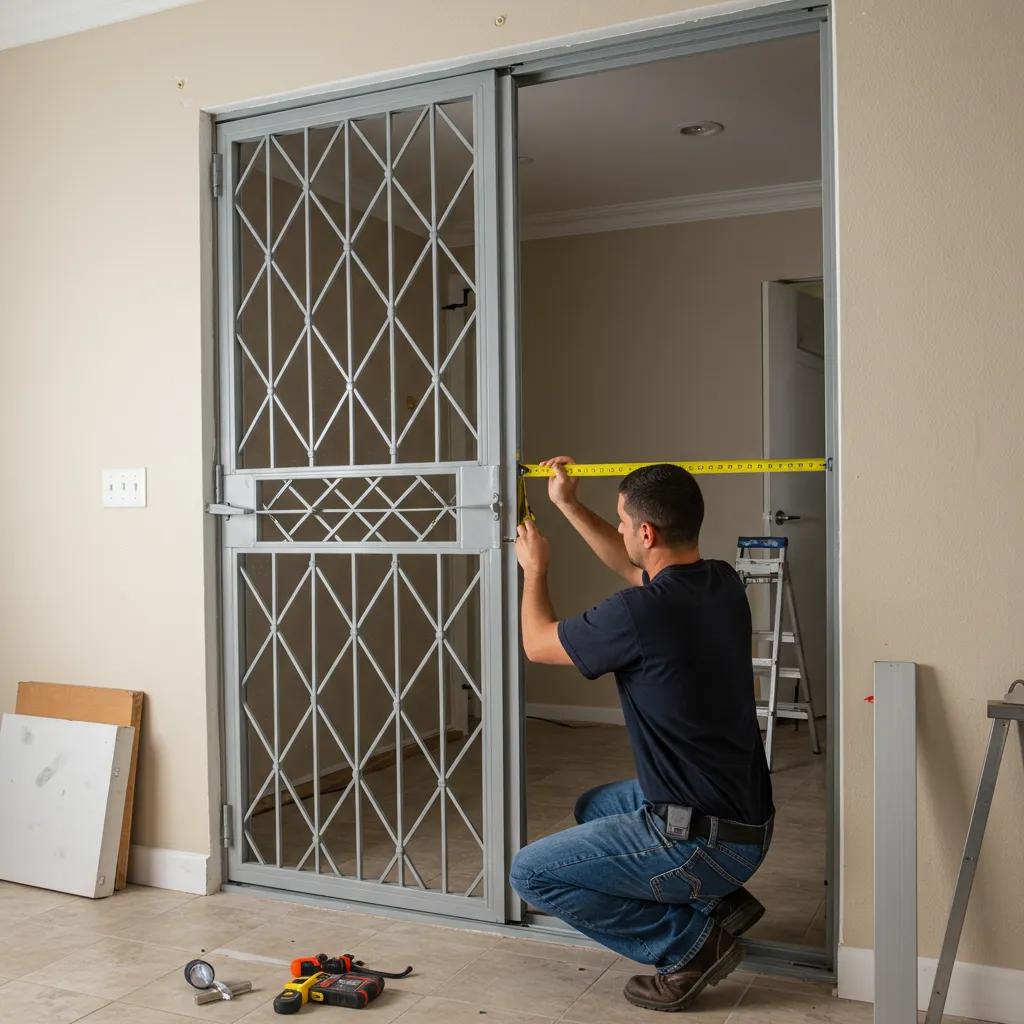 Professional installer precisely measuring a steel security door frame for installation in Miami