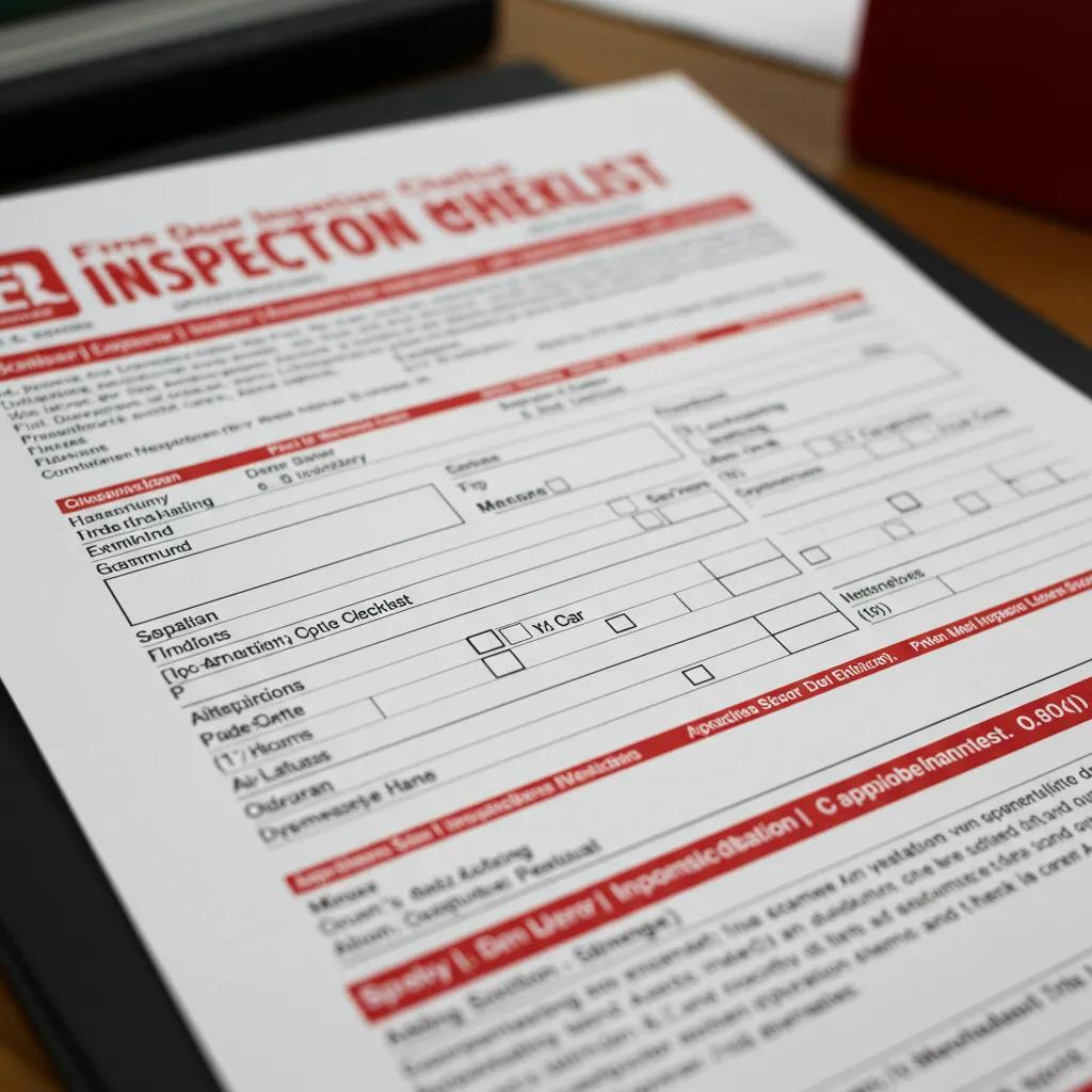 Fire door inspection checklist emphasizing NFPA 80 compliance, with sections for documenting inspections, clearances, and hardware functionality.