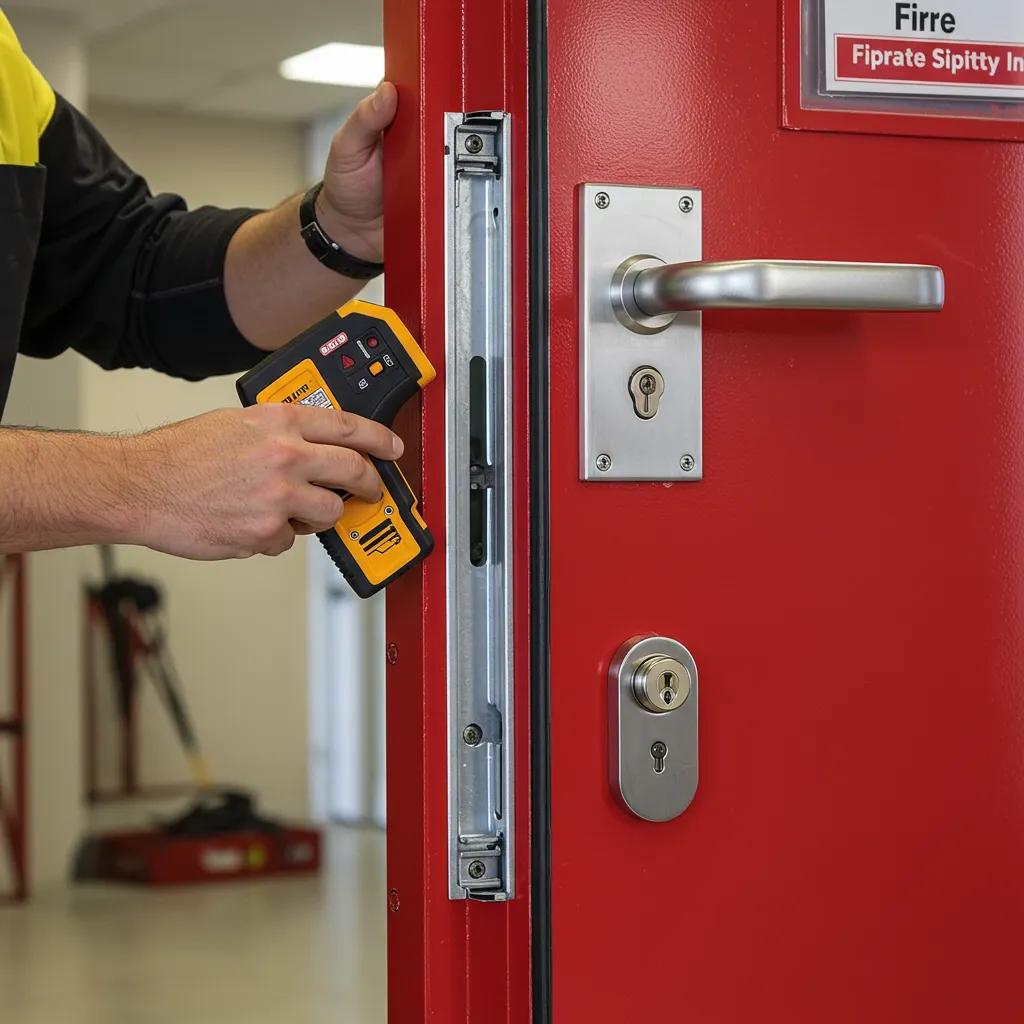Technician inspecting a fire rated metal door for compliance and maintenance