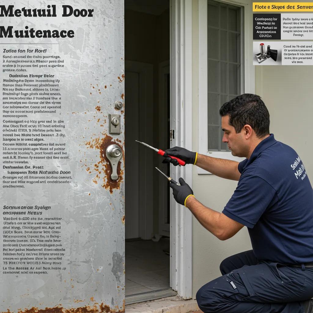 A skilled technician meticulously examining a metal door for prevalent issues like rust and dents