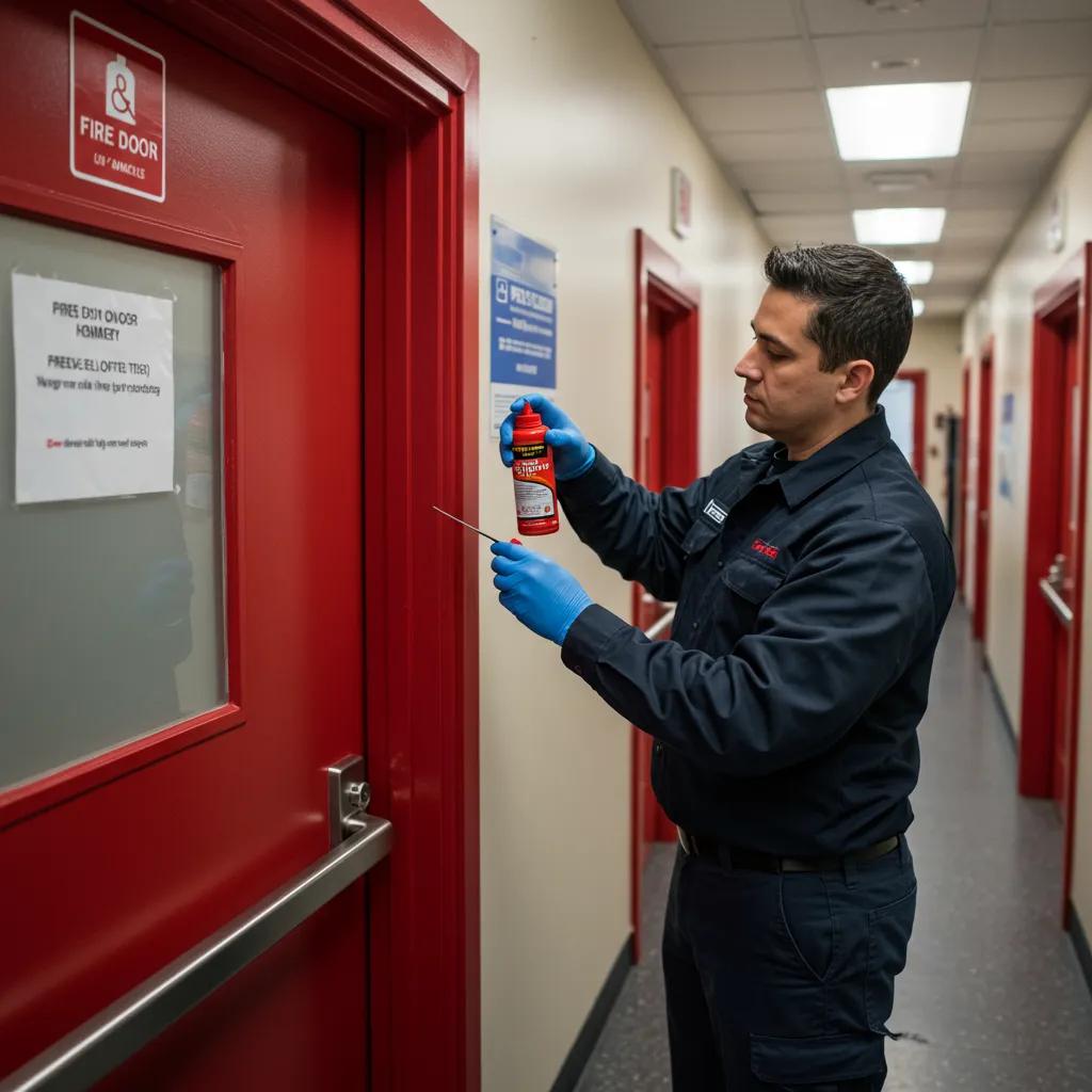 Technician applying heat-resistant lubricant to fire door hinges during preventative maintenance, ensuring door functionality and compliance with safety standards.