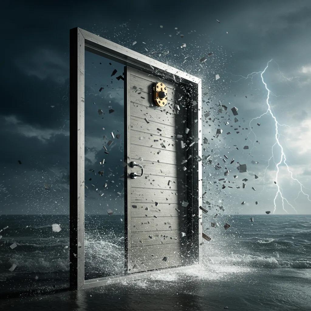 Hurricane impact metal door with reinforced structure, surrounded by flying debris and water, illustrating durability against extreme weather conditions and compliance with Miami-Dade building codes.