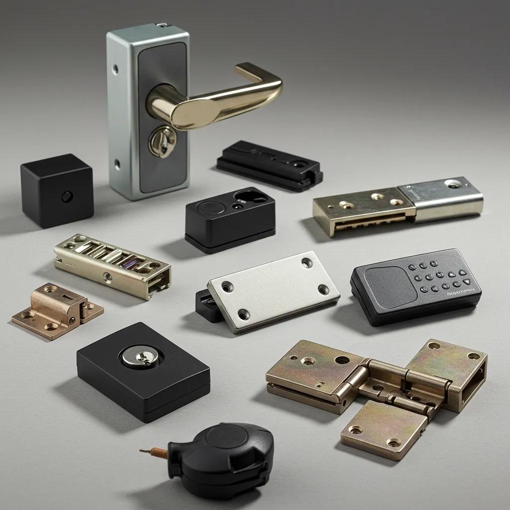 Advanced hardware components for hollow metal doors, including locks, hinges, and access control devices, featuring a variety of mechanisms for enhanced security and functionality.