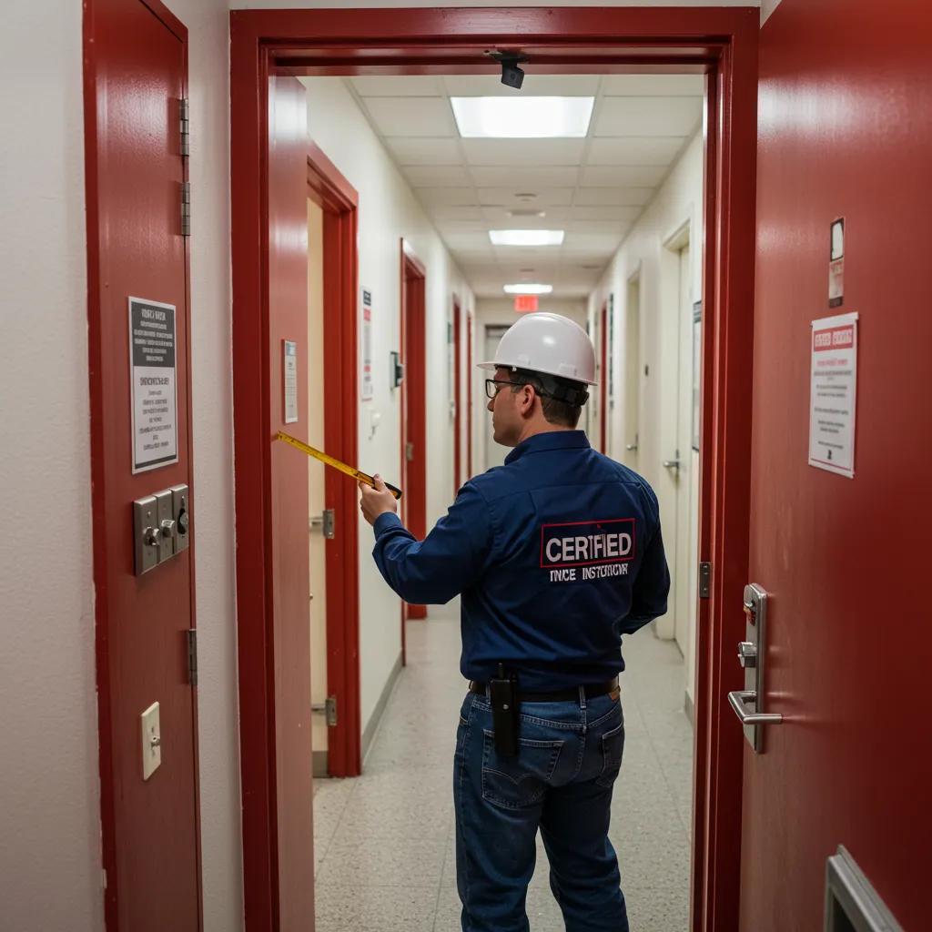 Certified inspector measuring fire door compliance in a Miami commercial building hallway, focusing on safety and regulatory standards.