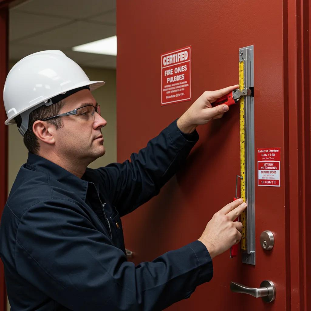 Certified inspector measuring fire door compliance features with a measuring tool, wearing a hard hat, and focused on inspection tasks.