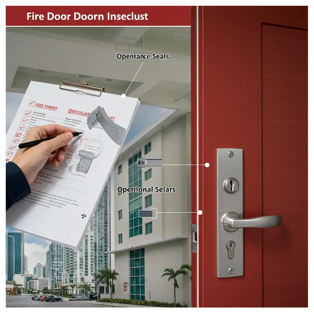Checklist for fire door inspection with highlighted compliance features, including seals and operational hardware, against a Miami building backdrop.