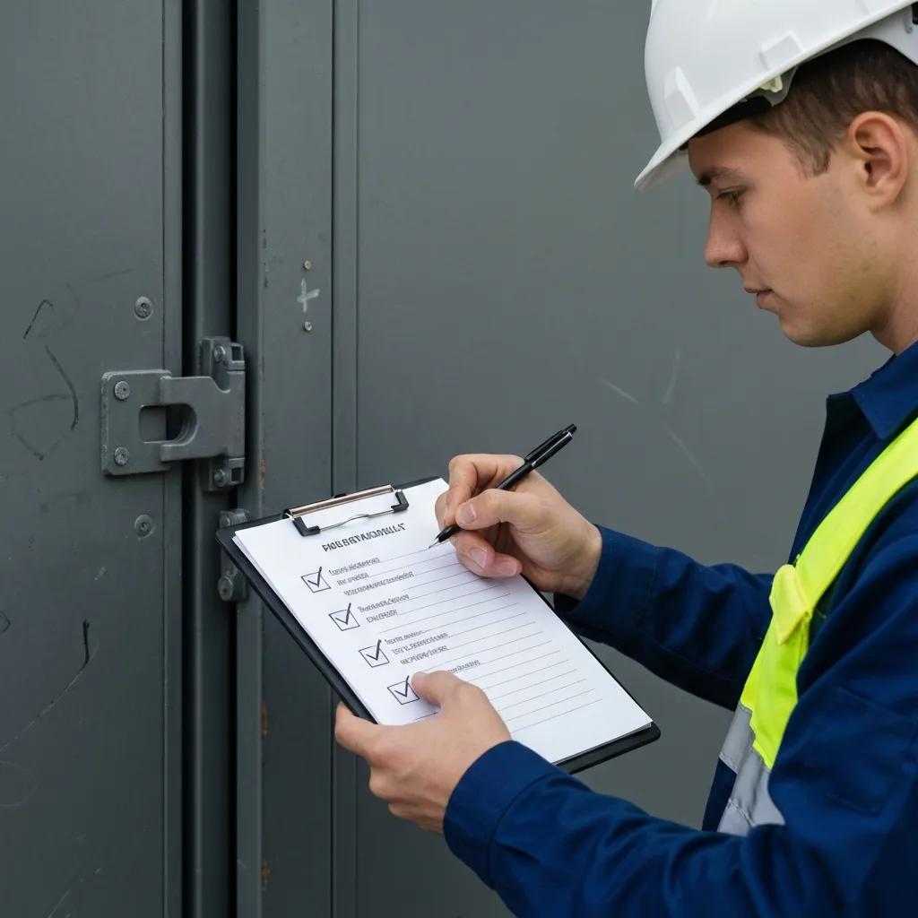 Worker in safety gear filling out a commercial metal door inspection checklist, ensuring compliance and performance standards.
