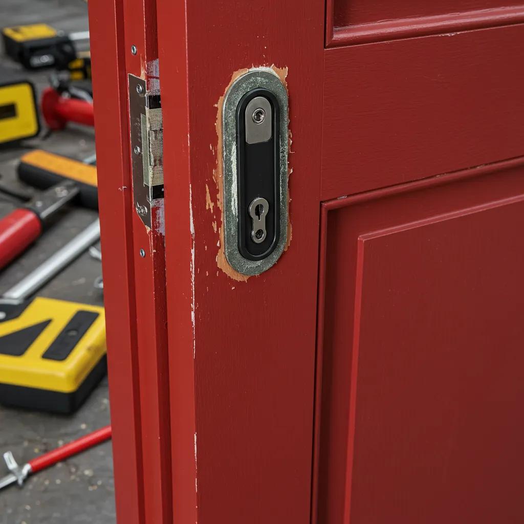 Close-up of a red fire door showing hardware deficiencies, including a damaged lockset and surrounding wear, with tools in the background highlighting compliance issues for fire door inspections in Miami.