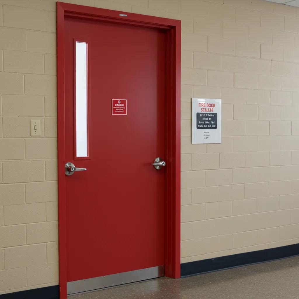 Red fire door with window and compliance signage in a commercial facility, highlighting essential fire door features for safety and regulatory adherence.