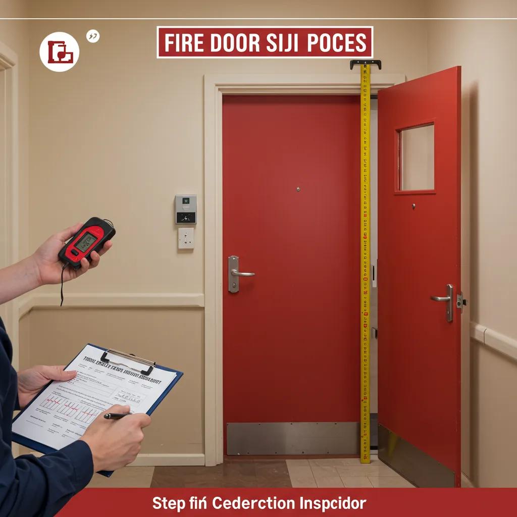 Inspector measuring fire door clearance with a digital gauge and clipboard in a Miami building corridor, emphasizing compliance with NFPA 80 standards.