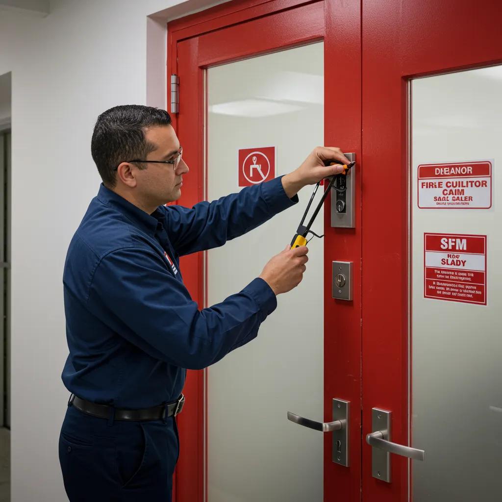 Inspector examining fire door hardware and labels in a Miami commercial building, ensuring compliance with fire safety regulations and NFPA 80 standards.