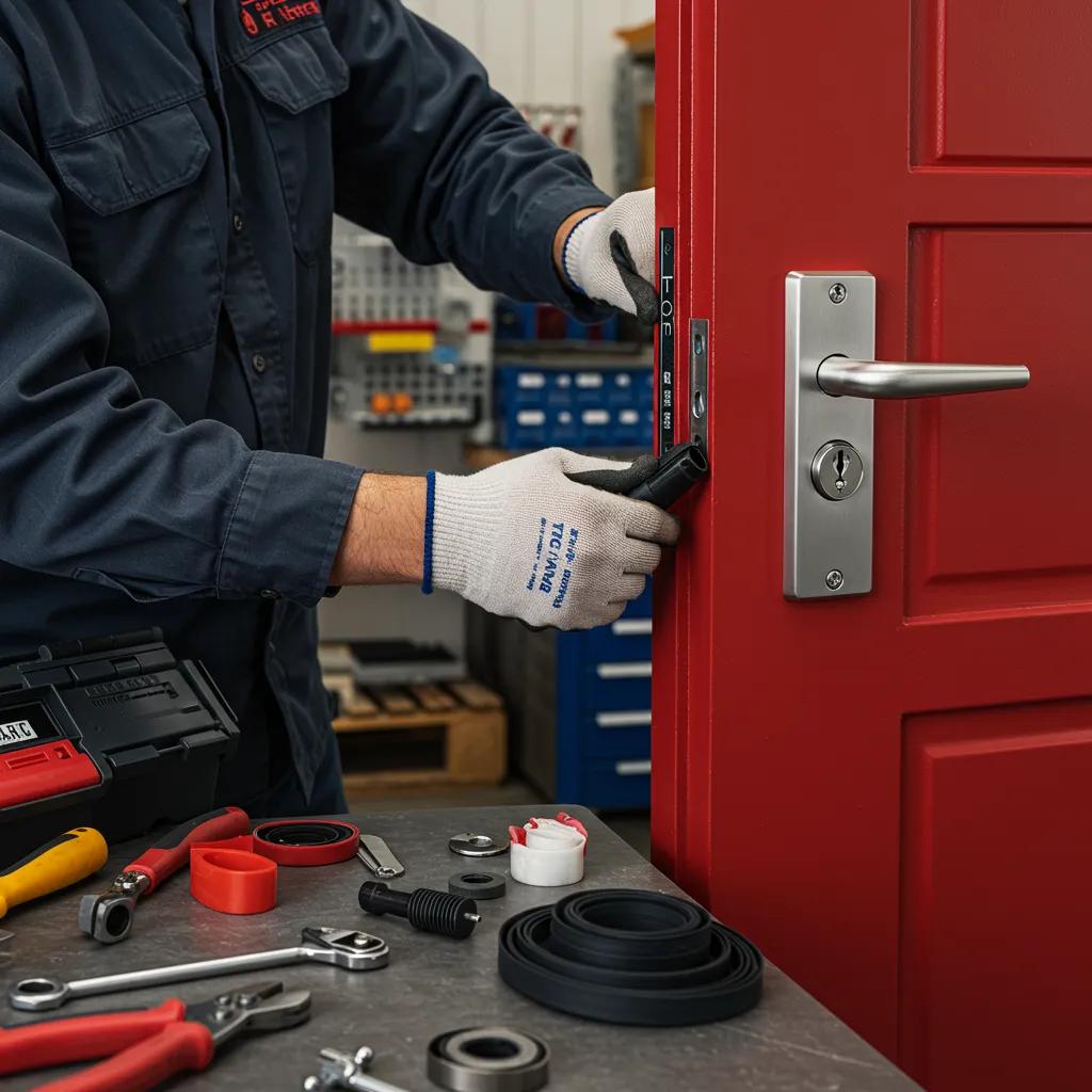 Technician adjusting hardware on a red fire door, focusing on seal checks and maintenance, with tools and equipment visible on the workbench.