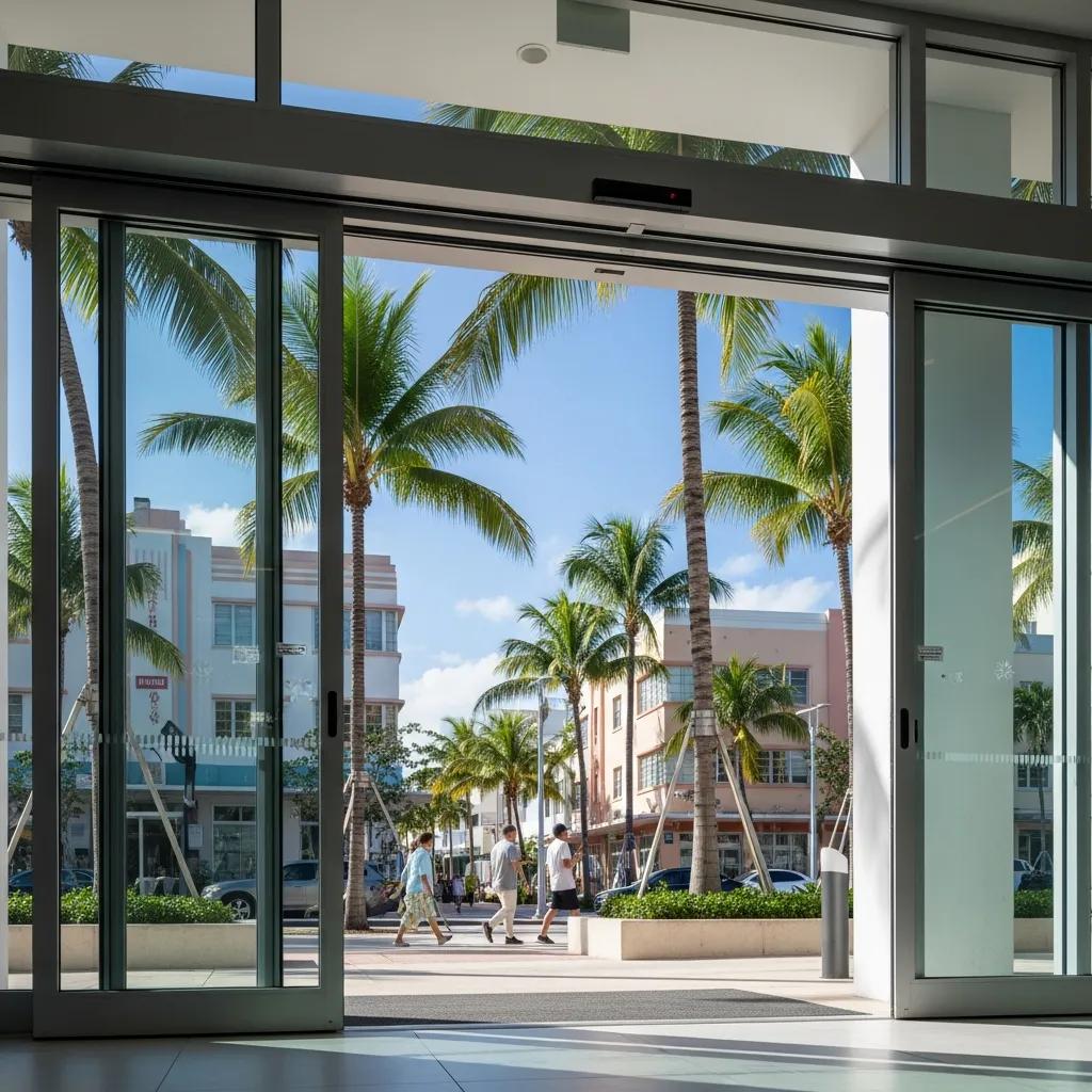 Commercial automatic door in Miami showcasing modern design and accessibility, with palm trees and pedestrians visible outside.