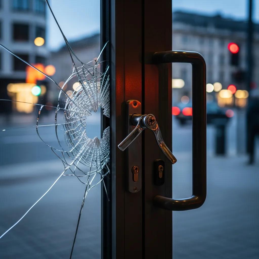 Damaged commercial door with shattered glass illustrating security risks of delayed repairs, highlighting the need for immediate action to prevent theft and ensure safety compliance.