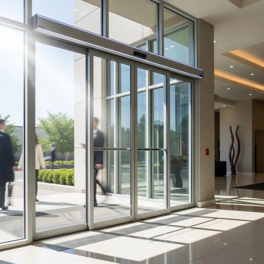 Energy-efficient automatic doors in a commercial setting, emphasizing accessibility, modern design, and sustainability, with individuals entering and exiting.