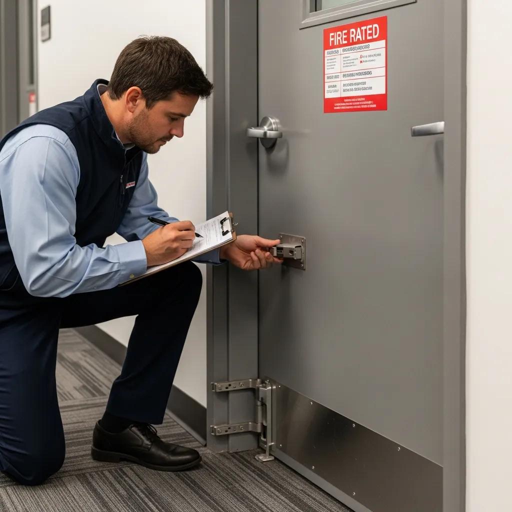 Professional inspecting a fire-rated door in a Miami commercial building, emphasizing safety and compliance during annual fire door inspection.