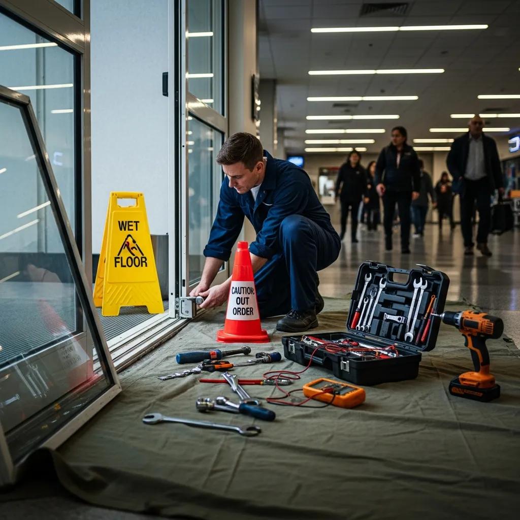 Technician conducting emergency repair on automatic door with tools and safety cones, highlighting service responsiveness and expertise in Miami.