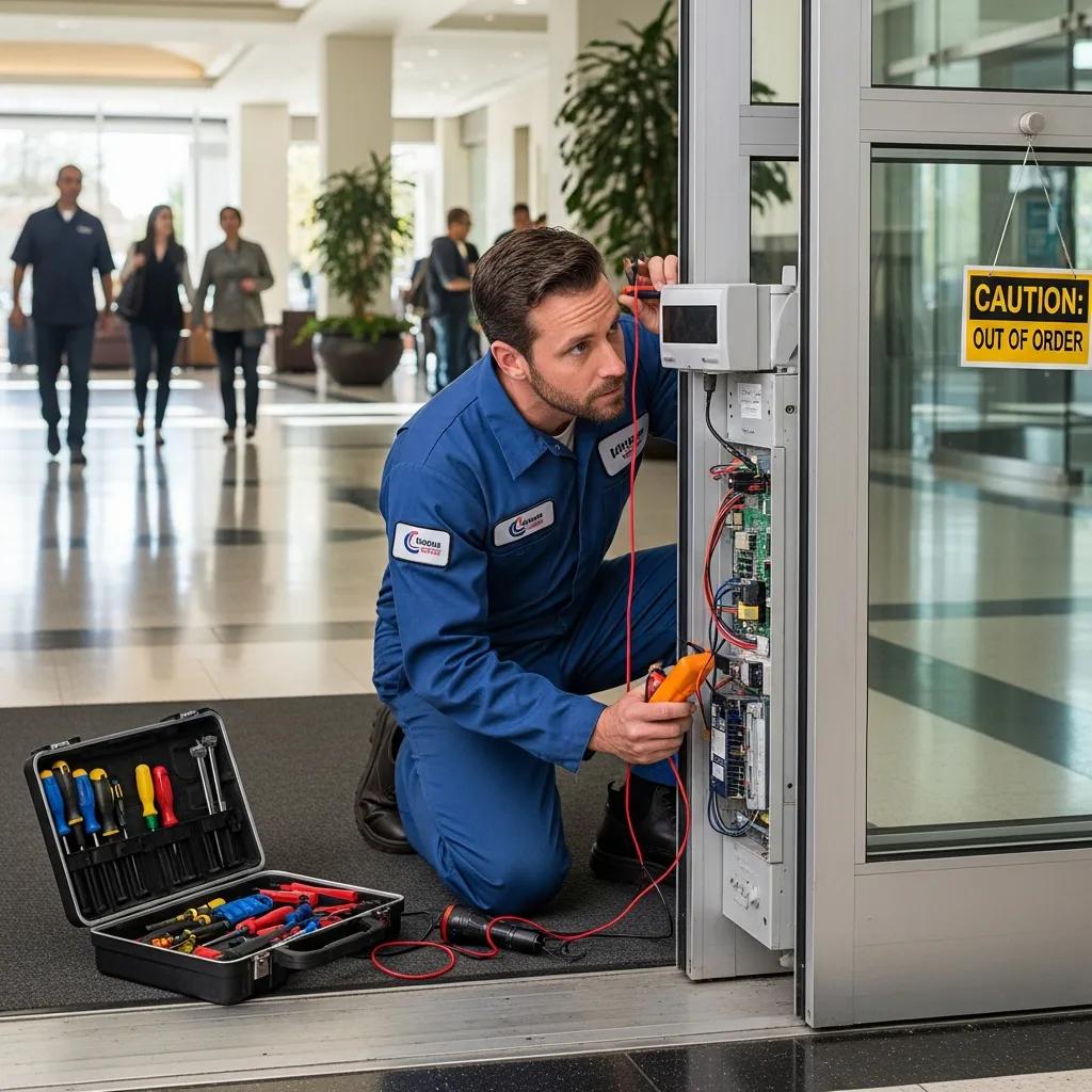 Technician diagnosing automatic door malfunction during emergency repairs, using tools and multimeter, with "Caution: Out of Order" sign visible, in a commercial setting.