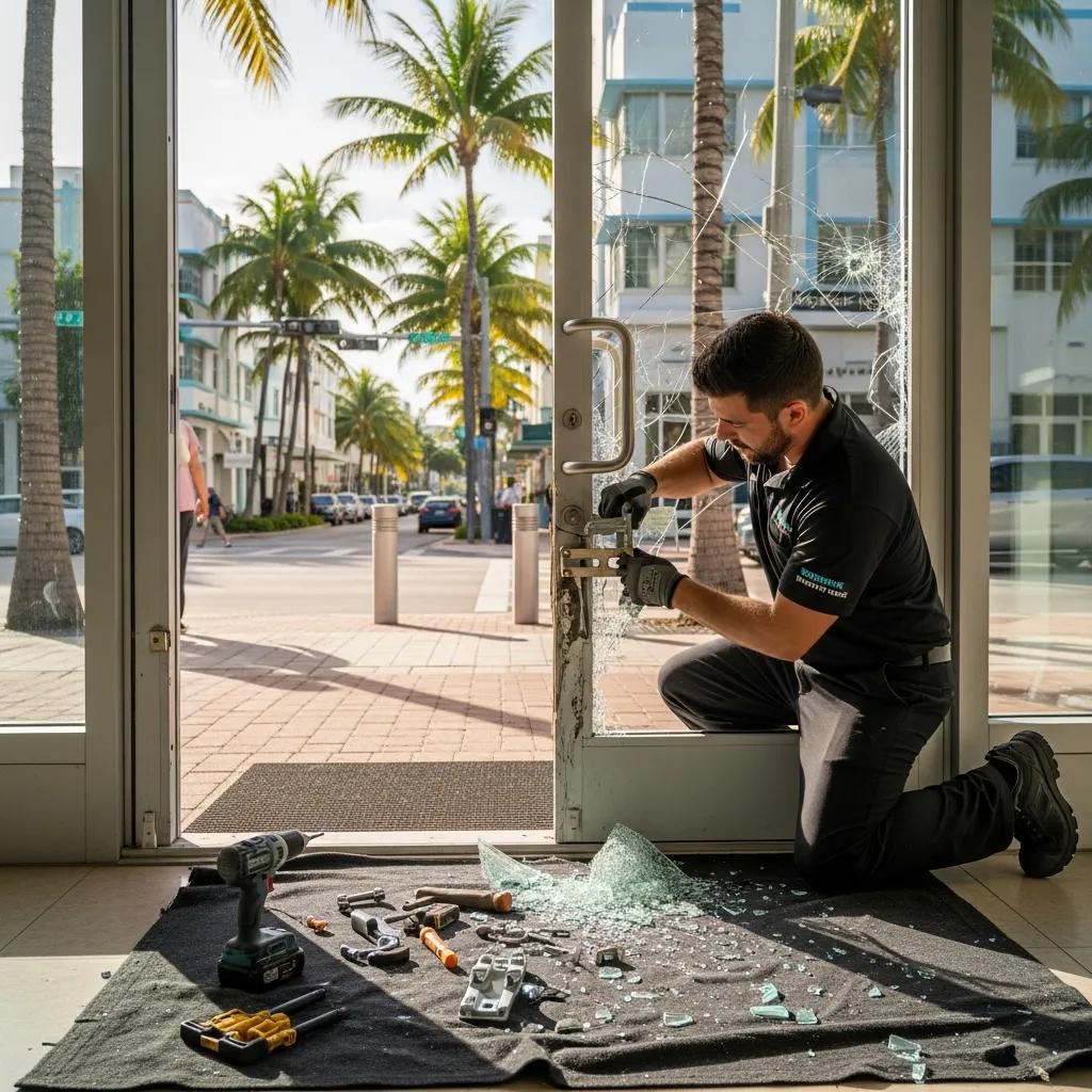 Technician repairing a shattered commercial door in Miami, showcasing emergency door repair services with tools and glass debris on the floor.