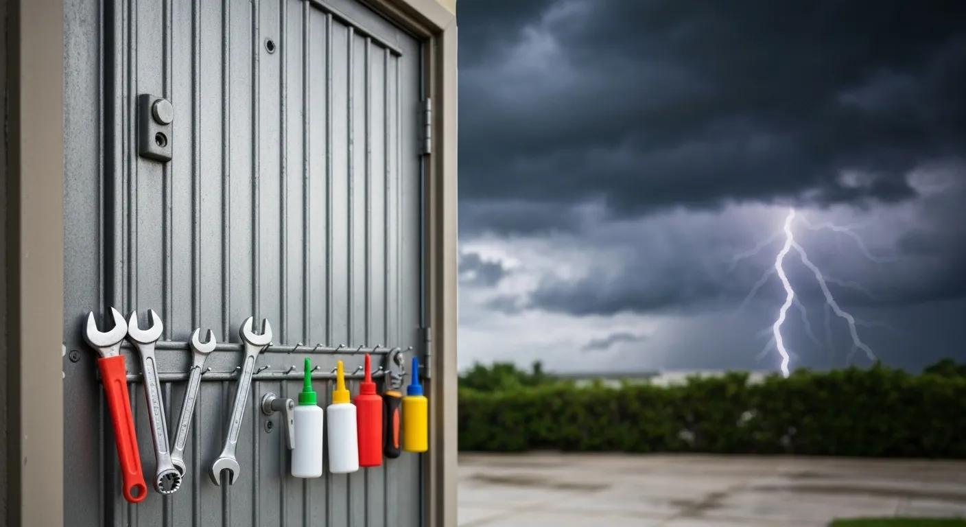 Metal door with tools and maintenance supplies, dark stormy sky with lightning, emphasizing preparation for hurricane season and door maintenance.