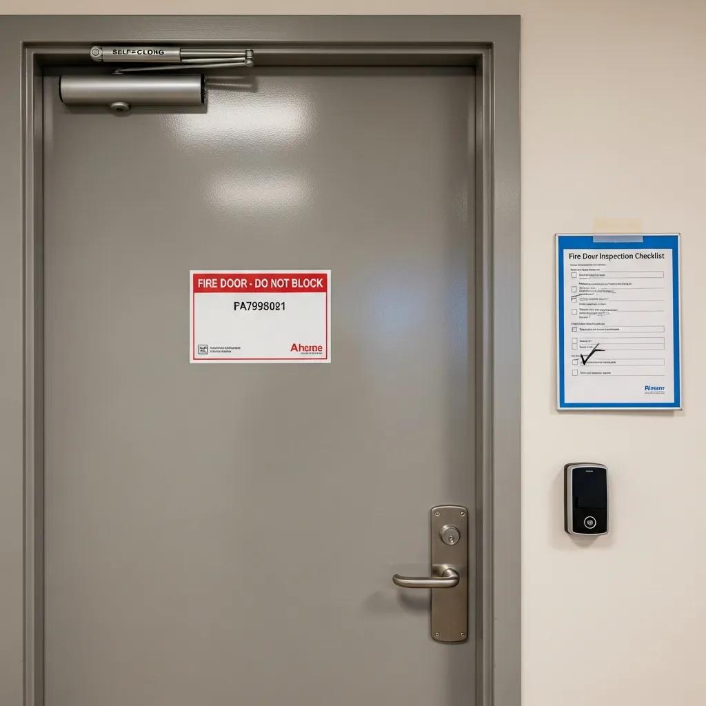 Close-up of a fire door with a compliance label stating "FIRE DOOR - DO NOT BLOCK" and a fire door inspection checklist, emphasizing the importance of fire safety inspections and adherence to regulations.