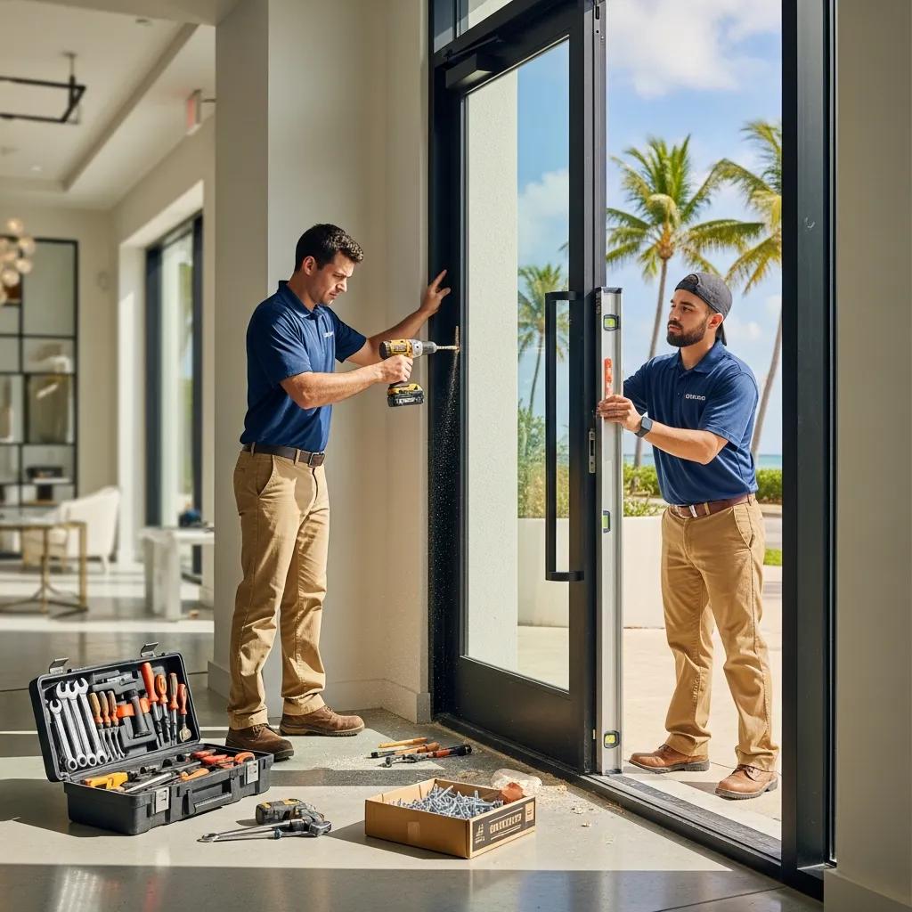 Technicians installing a commercial door in Miami, using tools and equipment, with palm trees visible through the doorway, emphasizing professional installation services.