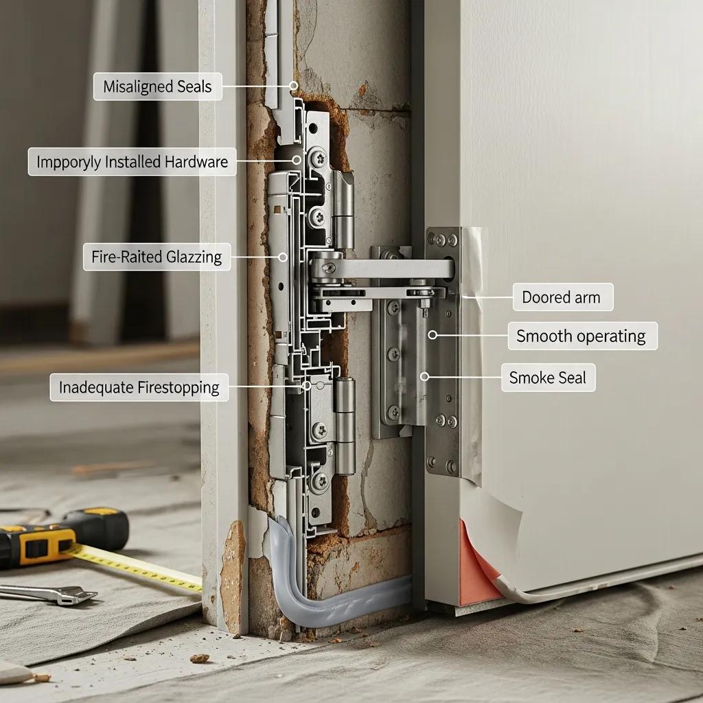 Misaligned seals and improperly installed hardware on a fire-rated door, highlighting fire-rated glazing, inadequate firestopping, smoke seal, and doored arm for proper function.