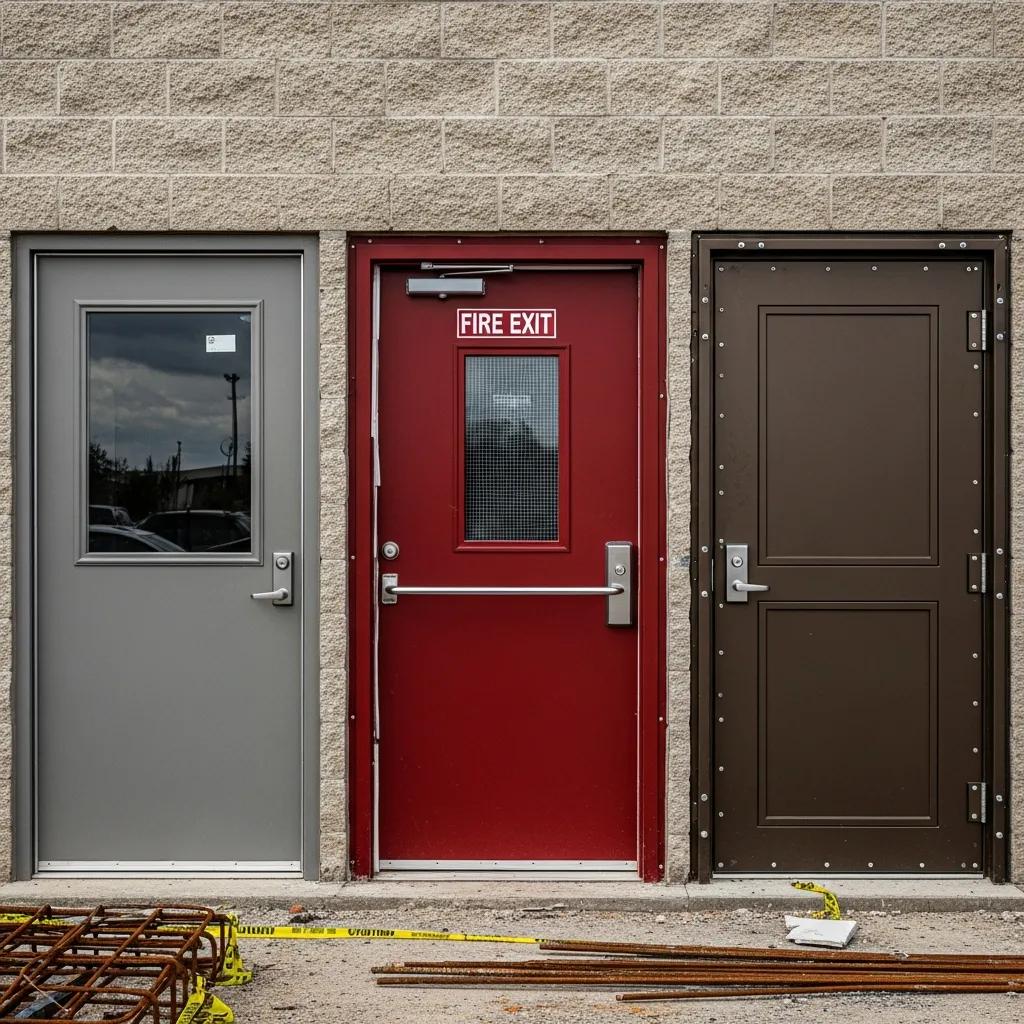Gray metal door, red fire exit door with mesh window, and brown security door, showcasing different types of commercial metal doors for hurricane protection.