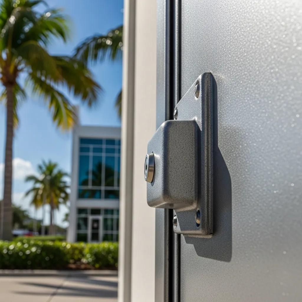 Close-up of a durable commercial metal door lock with palm trees and a modern building in the background, highlighting maintenance considerations for South Florida's climate.