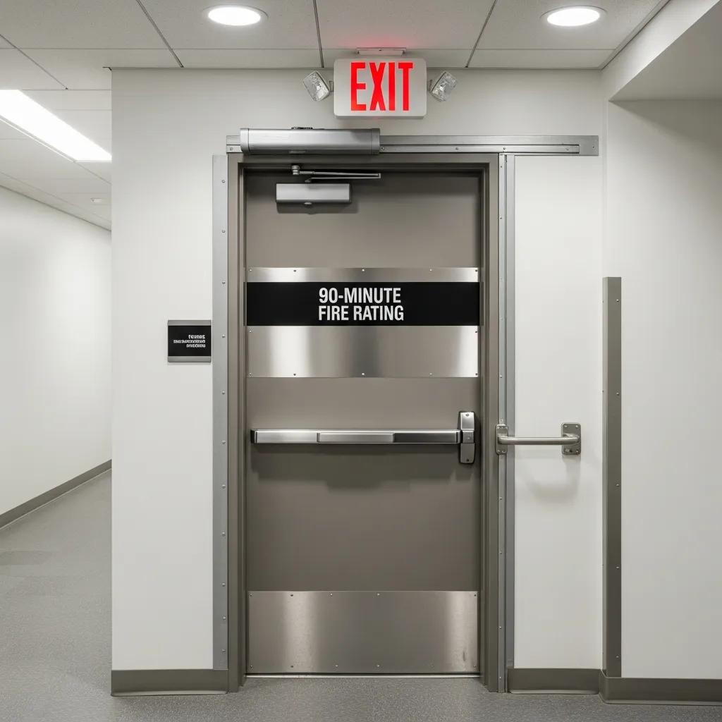 Fire-rated door in a commercial corridor emphasizing safety features